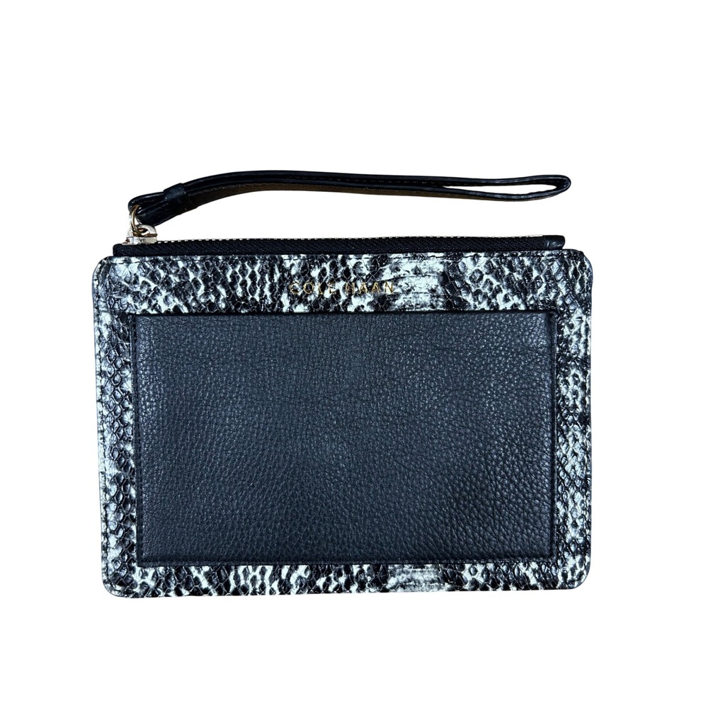 Cole Haan Black Leather Snakeskin Embossed Wristlet Pouch Clutch Bag